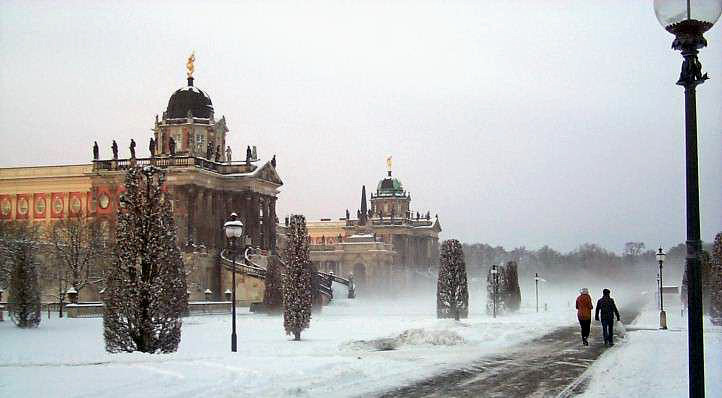 Die Communs im winterlichen Bodennebel des Park Sanssouci 