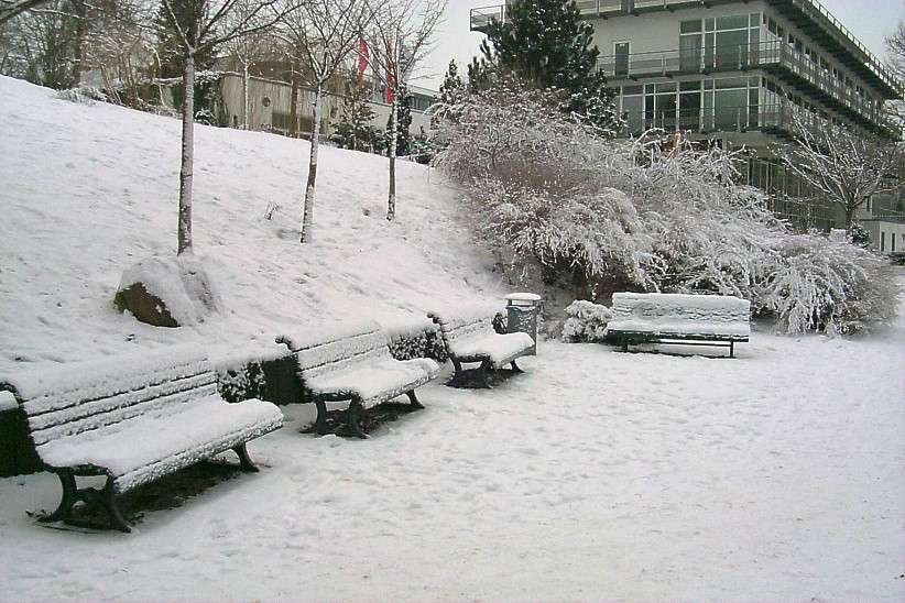 Im Winter vor dem S-Bahnhof Griebnitzsee am Seeufer.